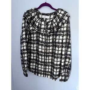 J.Crew‎ Collection Silk Twill Ruffle Collar Top Womens Sz M Brown Cream Plaid